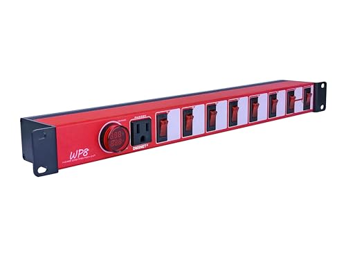 DMXNET - Regleta de alimentación de 8 puertos/PDU, 8 interruptores LED de protección contra sobrecarga, carcasa de metal de aluminio, 9 salidas NEMA 5-15R, riel de recogida de cobre en el interior