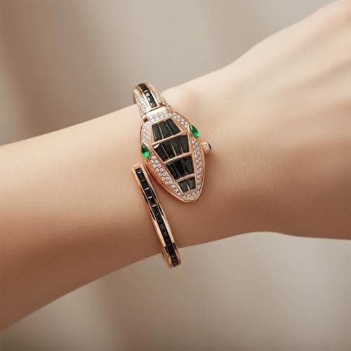 Image of Women's Gold Bracelet Watch | Snake Coil Cuff Style | Crystal Studded Oval Dial | Elegant Jewellery Watch for Women & Girls | Party, Wedding & Festive