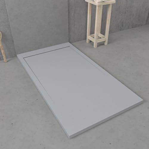 VAROBATH | Plato de Ducha URBANSTONE – Material Resina con Carga Mineral y Textura Pizarra Antideslizante C3 – Incluye Válvula Desagüe y Rejilla (Gris RAL7040, 90x180)