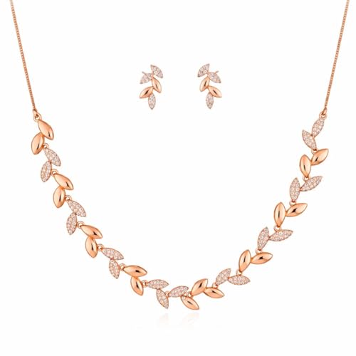 Image of Nilu's Collection Rose Gold Plated American Diamond Floral Leaf Necklace Set with Matching Drop Earrings For Women And Girls | Anti-Tarnish | Anti-Allergy | Office Wear