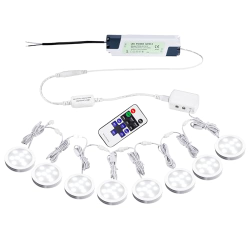 AIBOO Linkable Under Cabinet LED Lighting 12V Slim Aluminum Dimmable Puck Lights Direct Wired with RF Remote Control for Kitchen Lighting(8pack Daylight White)