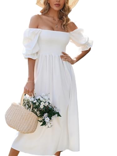 Womens Square Neck Shirred Detail Puff Sleeve A-Line Dress Vacation Outfits Backless A Line Dresses for Women