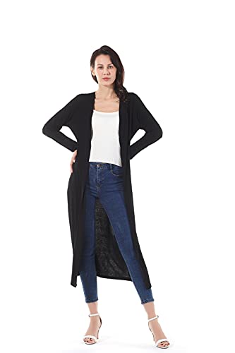 Image of Women's Solid Sweater Essential Duster Long Cascading Open Front Lightweight Blue Cardigan