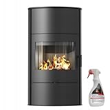 KRATKI Kaminofen AB/S/2/ROLLO Ø150 10 kW Schwarz – Drehbarer Stahl Holzofen mit Panoramascheibe, Kamineinsatz für Holz, moderner Heizeinsatz, effizienter Holzkamin mit Kaminscheibenreiniger