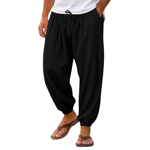 Men's Beach Harem Linen Pants Drawstring Waist Tapered Ankle Breathable Summer Tropical Casual Men's Linen Trousers Airy Construction Low-Maintenance Black