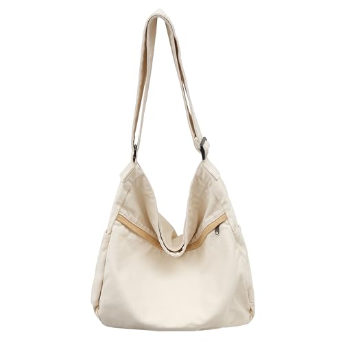 Image of Cotton Tote Handbag Women Canvas Crossbody Beach Bag Hobo Shoulder Tote Bag with 3 External Pocket,Zipper Closure