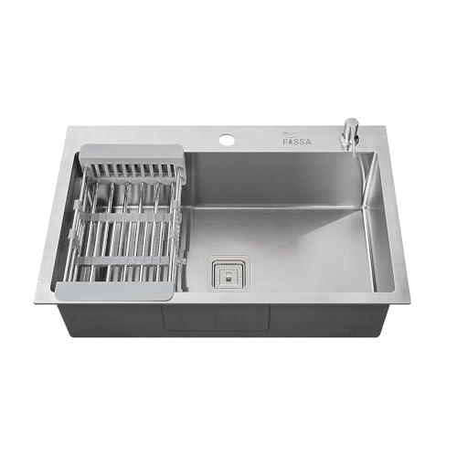 Image of Fossa Silver Kitchen Sink - 24 inchx18 inchx10 inch Stainless Steel Single Bowl Sink with Tap Hole, Drain Basket, Soap Dispenser, Drain - Topmount Sink for Campervan or Home Kitchen (Silver)