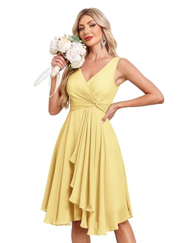 Image of Women's V Neck Short Bridesmaid Dresses 2025 Ruched Waist A Line Chiffon Formal Cocktail Party Dress