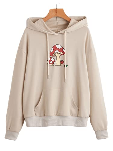 SweatyRocks Women's Long Sleeve Floral Print Pullover Hoodie Sweatshirt Tops Mushroom Apricot M