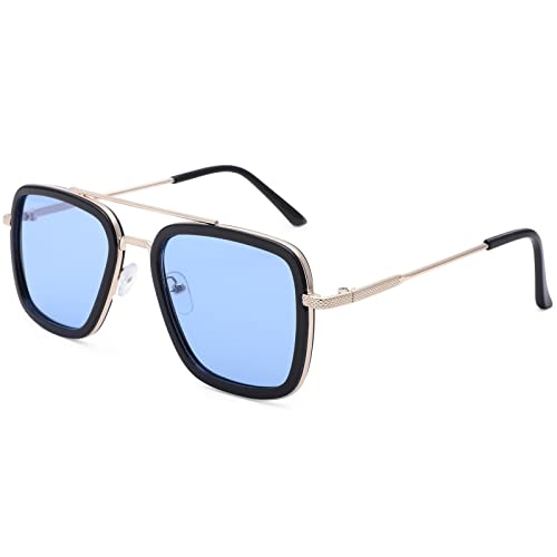 Scvgver Kids Tony Stark Sunglasses Classic Square Metal Frame Eyeglasses For Girls Boys Age 8-13 (Gold Frame/Blue Lens) #TOP12