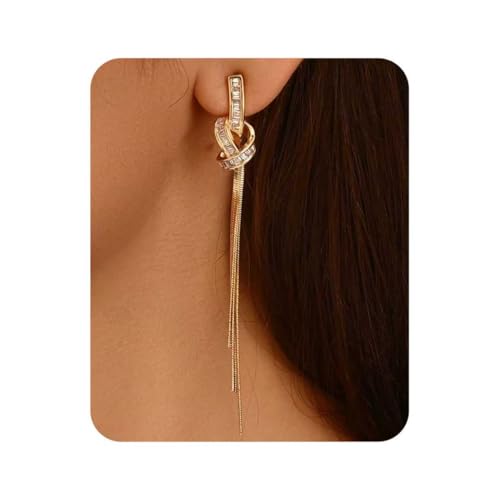 18K Gold/Silver Plated Dangle Earrings for Women Sparkly Rhinestone Long Tassel Dangle Earrings Dainty Long Hanging Chain Earrings Wedding Party Prom Earrings (Gold)