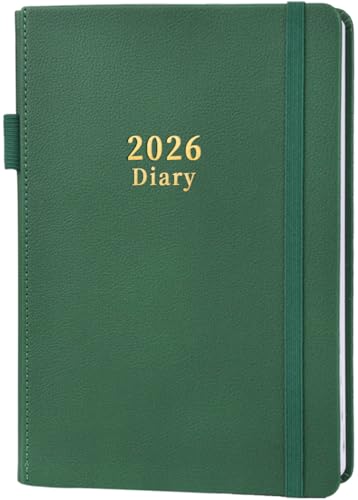 Moseem Agenda 2026 2026 A5 une page par jour de janvier à décembre, couverture rigide, porte-stylo élastique, 2 marque-pages, boucle pour stylo et poche intérieure, vert