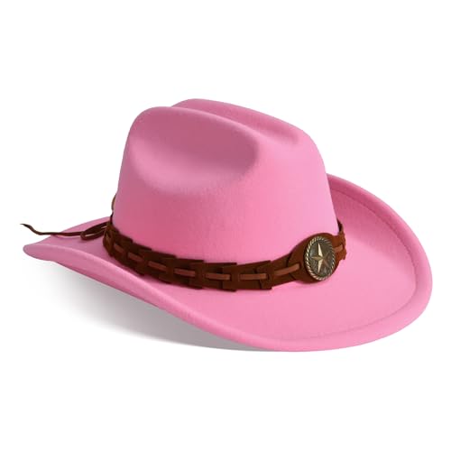 Image of Willheoy Kids Cowboy Hat for Girls Boys Western Cowgirl Hat with Buckle Belt Unisex Wide Brim Fedora Hat Dress Up Costume