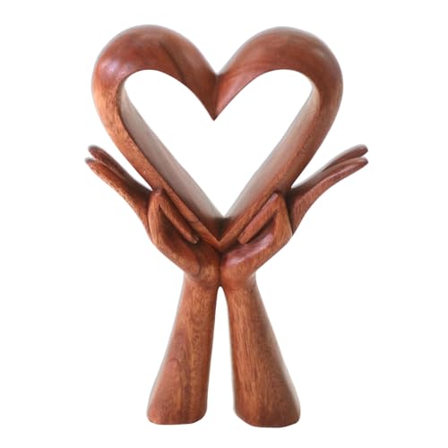 NOVICA Artisan Handmade Wood Sculpture Signed of Heart in Hands Brown Indonesia Romantic [10.25in H x 6.25in W x 1.6in D] ' Giving Love'