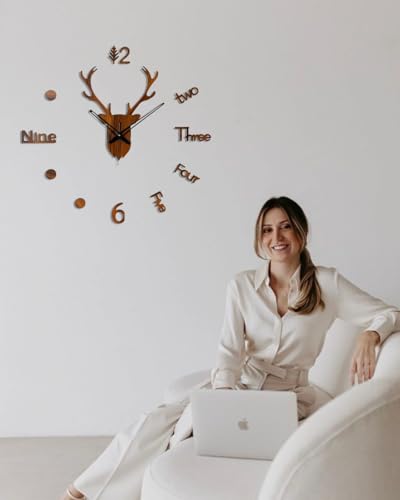 Image of cozyloom Deer Face Wooden Wall Clock | Decorative Wall Decor for Living Room, Bedroom, Office & Home | Brown Design Wall Clock.