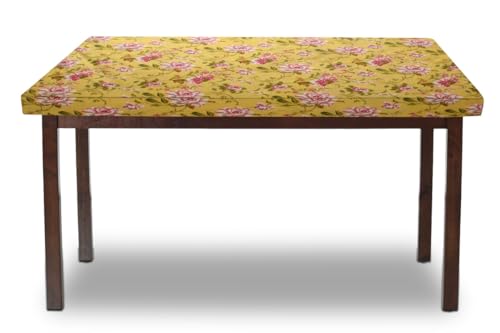 Image of The Furnishing Tree Elastic Cotton Rectangular Dining Table Cover 36x48 in Inches Floral Pink Rose on Yellow Base