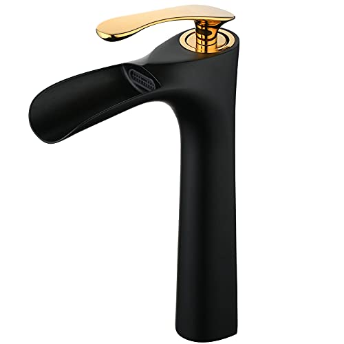 Robinet Salle de Bain,Noir Cascade Haut Robinets de Lavabo,Mitigeur Lavabo Poignée Simple Un Trou Laiton Massif Corps,Valve en Céramique,SHUNLI Cover