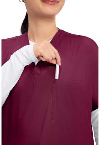 Image of Cherokee Scrubs for Women and Men Unisex V-Neck Tunic Nursing Scrub Top with Chest Pocket, Tuckable Durable Fabric - 4777 | 1 Chest Pocket For Essentials, Traditional Fit, Durable Construction, Comfortable Knit Details, Easy Care, Tuckable Style