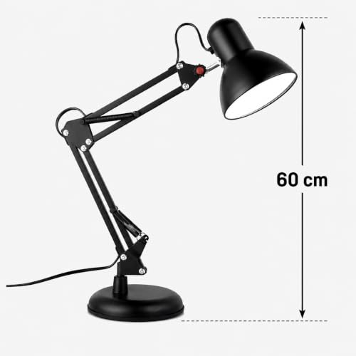 Image of One94Store Adjustable Metal Study Table Lamp with Flexible Neck & Swing Arm | E27 Bulb Holder with 2W Bulb Included | Button Control | Desk Lamp for Reading, Study, Office, Bedroom, Black
