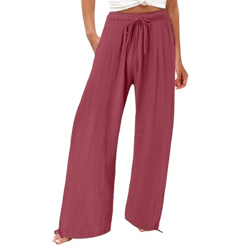 Linen Capri Yoga Pants Wide Leg Pants Drawstring Elastic Waist Pants High Waisted Pants Casual Linen Beach Pants Women, Wine, Medium