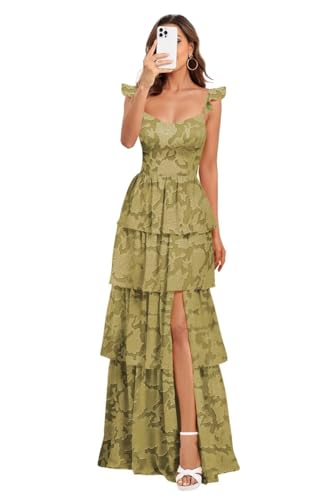 Dessiny Women's Olive Green A-Line Bridesmaid Dress with Slit Pleated V Neck Floor Length Long Floral Print Tiered Dresses for Women Formal US4
