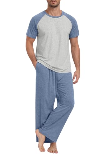 Yincro Mens Pajamas Set Lightweight Loungewear Short Sleeve Top and Pants Soft Sleepwear Pjs Sets (Gray Blue-light Gray, S)