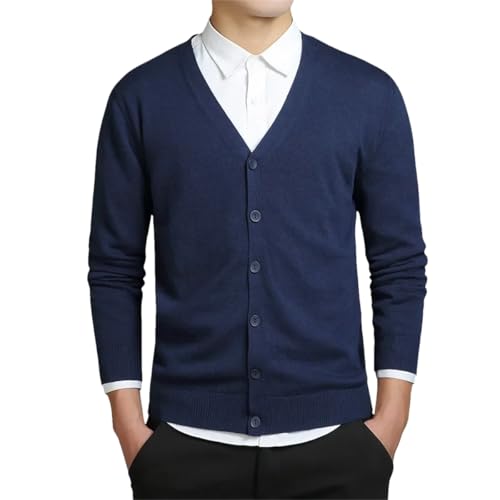 Men Cotton Sweater Long Sleeve Cardigan Mens V-Neck Loose Solid Button Fit Knitting Casual Sweaters Navy