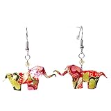 Perle de cristal Boucles d\'oreilles gros éléphants en origami (Feuilles vertes sur fond rouge)