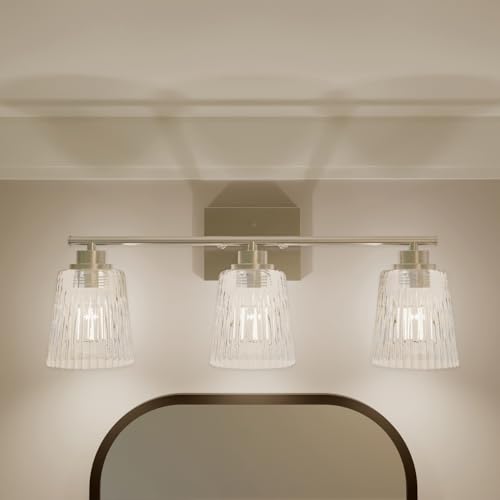 Image of Globe Electric 4-Piece All-in-One Bathroom Set, Chrome Finish, 3-Light Vanity Light with Clear Ribbed Glass Shades, Towel Bar, Toilet Paper Holder, Towel Ring