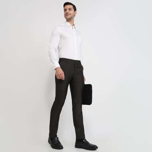 Image of Raymond Men Slim Fit Solid Pattern Poly Viscose Blend Flat Front Formal Trouser Dark Blue