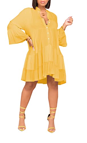 Image of FairyLove Women Wedding Ruffle Dresses Flowy Puffy with Deep V Neck Pleated Hem Lantern Long Sleeve Bell Sleeves