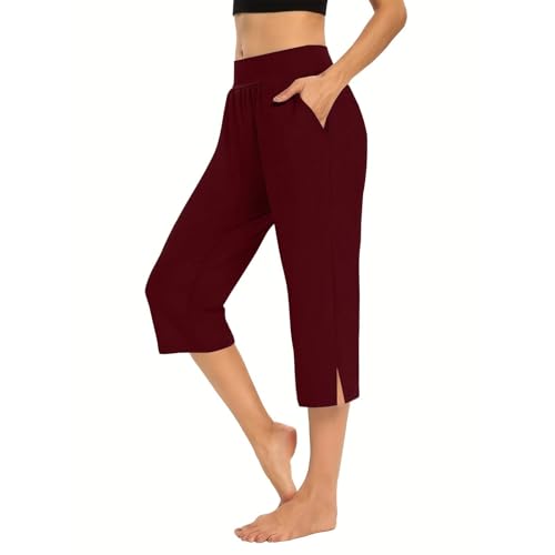 Cropped Sports Trousers for Women UK - High Waist Pants 2025 Summer Trousers - Summerpants Baggy Wide Legpants Beachtrousers High Waistedtrousers Summertrousers Petitetrousers Walkingtrousers Wine