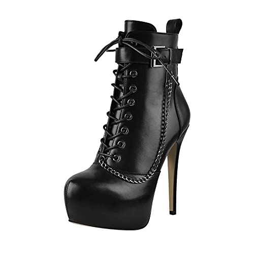 Onlymaker Women's Stiletto Heeled Platform Ankle Boots Zip Up Embellished Boots With Metal Chains Round Toe Autum Booties Nubuck Leather Black Shoes Size 13 #TOP1