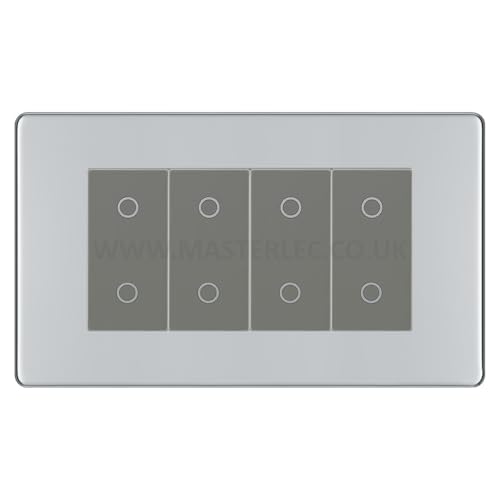 BG FPCTDM4G Polished Chrome Screwless 4 Gang Quad Master Touch Dimmer Switch Grey Inserts