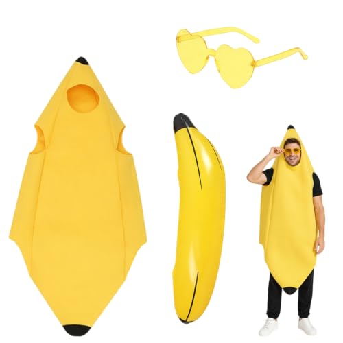 Image of Efuwfugc Banana Costume Adult, Complete 3-Piece Banana Outfit with Accessories, Perfect for Halloween Parties and Social Media Content Creation, Includes Banana Suit, Balloon and Heart Glasses