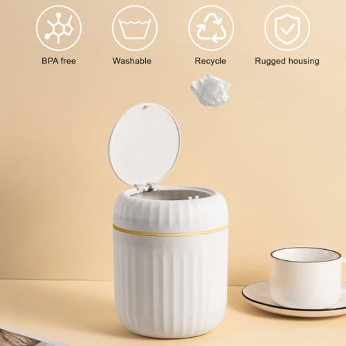 Image of HASTHIP Small Dustbin With Lid - Mini Desktop Trash Can Pop Up Tiny Tabletop Garbage Can Portable Small Dustbin Wastebasket for Bathroom Vanity, Desktop, Tabletop (Round Press - White)