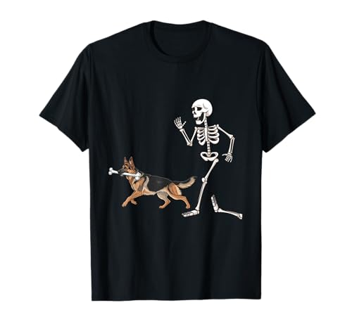 Divertido Pastor alemán y Esqueleto de Halloween Camiseta