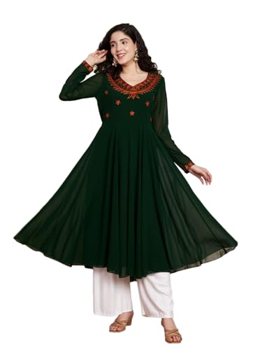 Image of Poshak Hub Women Green Ethnic Motifs Aari Work Georgette Anarkali Kurta