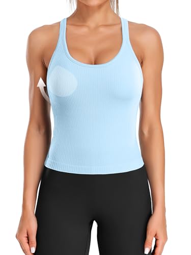 Image of ATTRACO Ribflex Ribbed Workout Crop Tops with Built in Bra for Women Yoga Racerback Tank Top Slim Fit