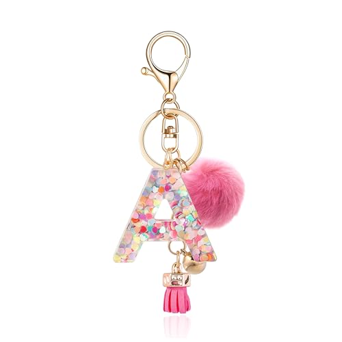 OKAICEN Deep Pink Resin Alphabet Initial Letter Keychain Keyring for Women Purse Handbags With Tassel&Fur Ball Pom('A')