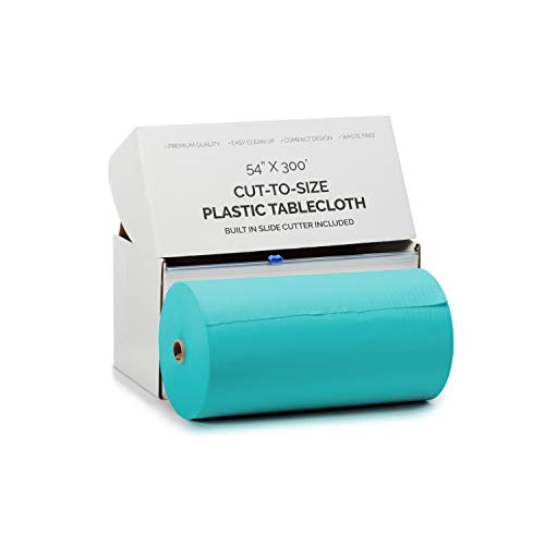 Image of Exquisite Party Solids 54 Inch X 300 Feet Aqua Plastic Table Cover Roll in A Cut - to - Size Box with Convenient Slide Cutter. Cuts Up to 36 Rectangle 8 Feet Plastic Disposable Tablecloths