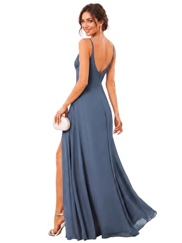Image of Ever-Pretty Women's Summer Backless Spaghetti Straps Bridesmaid Dresses Chiffon V-Neck Slit Long Formal Wedding Guest Dress