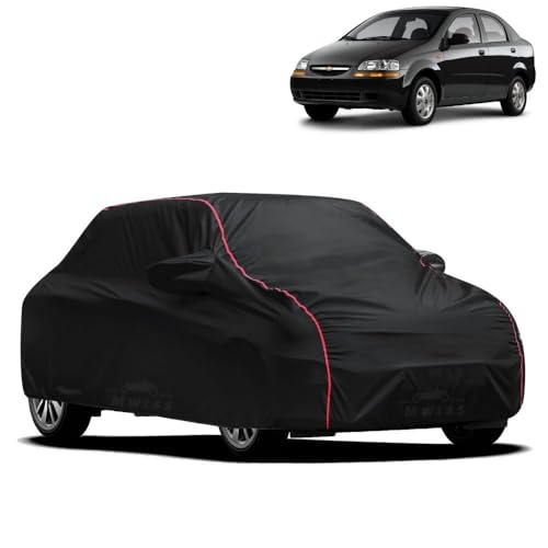 Image of Waterproof Car Cover for Chevrolet Aveo | All-Weather Protection, Dustproof & UV Resistant | Triple Stitched Mirror Pockets, Windproof Buckle Strap with Elastic Hem, Black-Red Piping