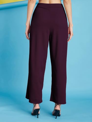 Image of Selvia Women's Solid Ribbed Lycra Elastic Regular Fit Wide-Leg Trouser
