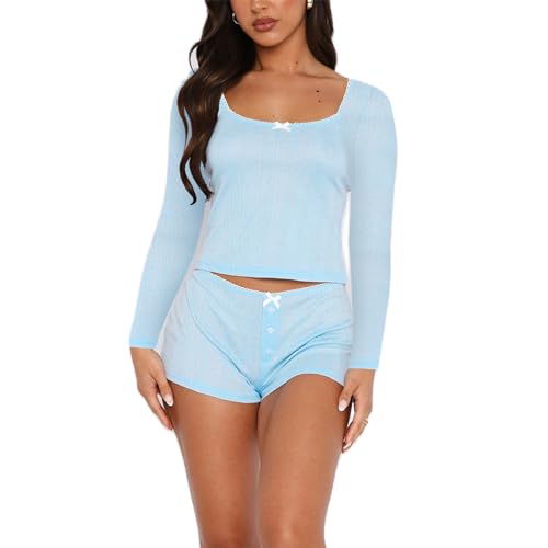 Image of Women's Two Piece Outfit Lace Trim Top and Shorts Set 2 Piece Lounge Sets Ladies PJs Summer Clothes