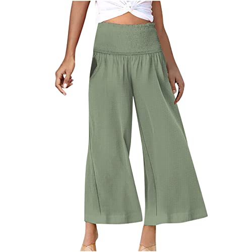 openpig Women's Linen Wide Leg Pants High Wide Stretch Waist Lounge Trousers Flowing Trendy Beach Straight Leg Slacks Womens Yoga Pants Green