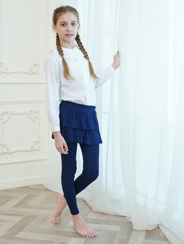 Girls School Uniform Pants Kids Stretchy Tights Soft Tutu Leggings with Ruffle Skirt (US, Age, 7 Years, 8 Years, Navy)3