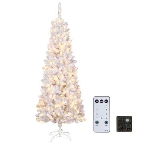 6ft White Pencil Christmas Tree with Remote Control Prelit Slim Artificial Christmas Tree with 200 Warm White Multi Color Lights Time Functional Xmas Tree with 618 Tips for Party Office