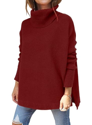 Image of yoeasy Women's Turtleneck Oversized Long Batwing Sleeve Pullover Sweater Spilt Hem Knit Sweater