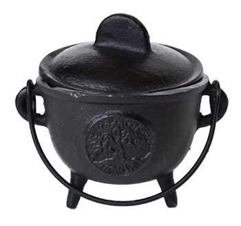 Azuregreen Home Fragrance Incense Holder Cauldrons Tree Of Life Cast Iron Three Legged With Handle And Lid 5" #TOP1